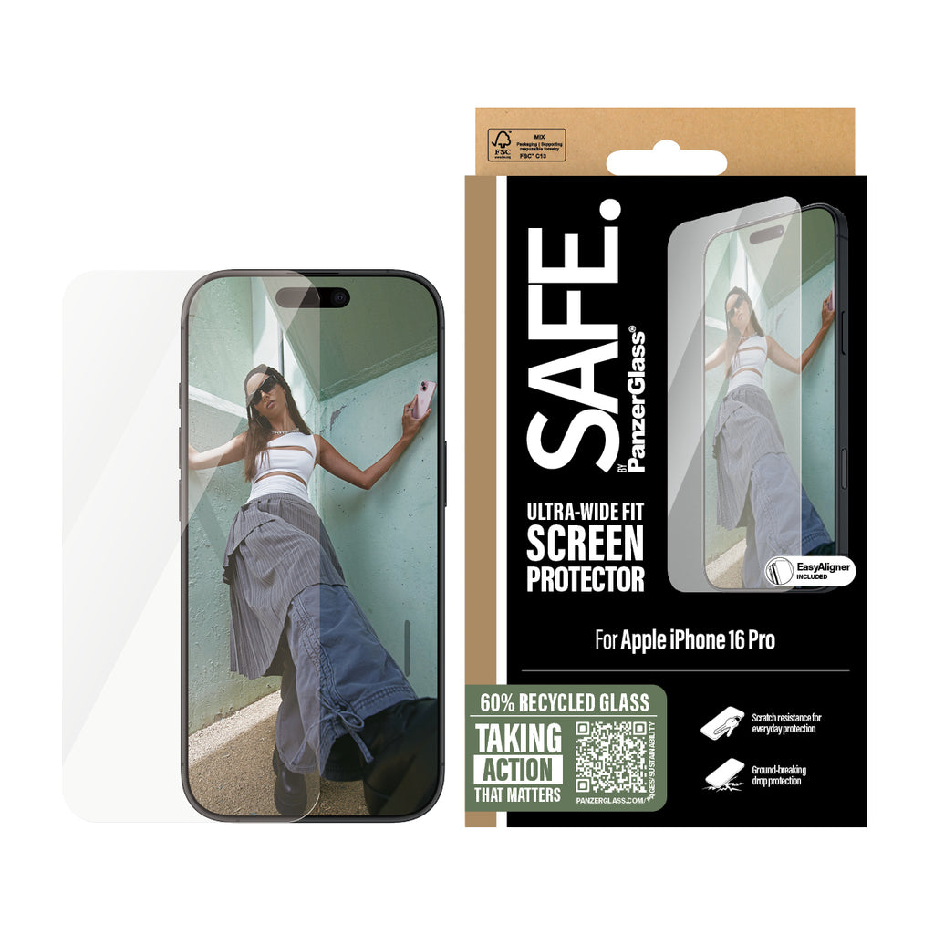 PanzerGlass SAFE. by ® Screen Protector iPhone 16 Pro, Ultra-Wide Fit Protector