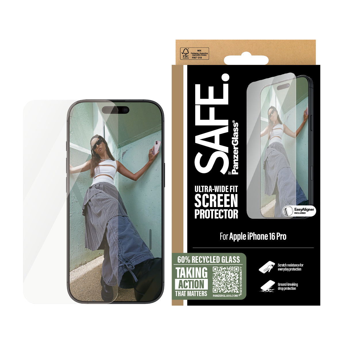 PanzerGlass SAFE. by ® Screen Protector iPhone 16 Pro, Ultra-Wide Fit Protector