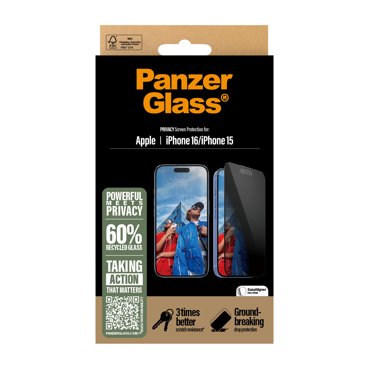 PanzerGlass ® 2-Way Privacy Screen Protector iPhone 16, 15, Ultra-Wide Fit w.