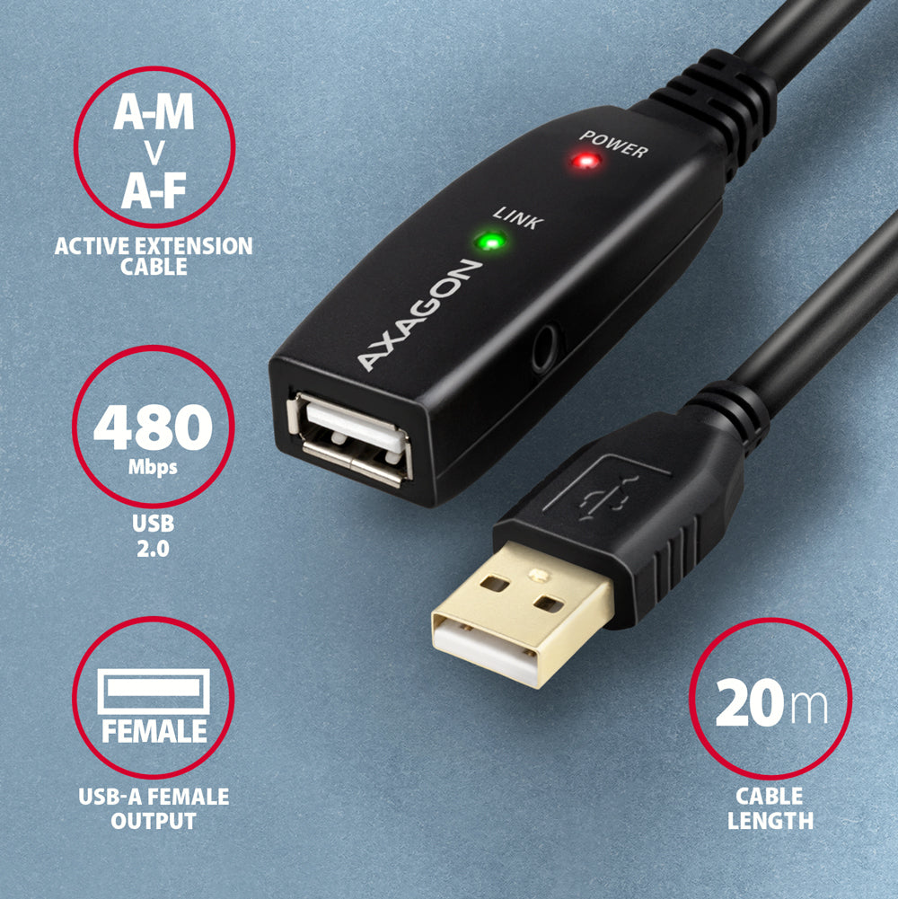 Axagon ADR-220 USB 2.0 A-M -> A-F active extension/repeater cable 20m - Kabel - Digital/Daten cable USB USB A 0,48 Gbit/s Negro (3)