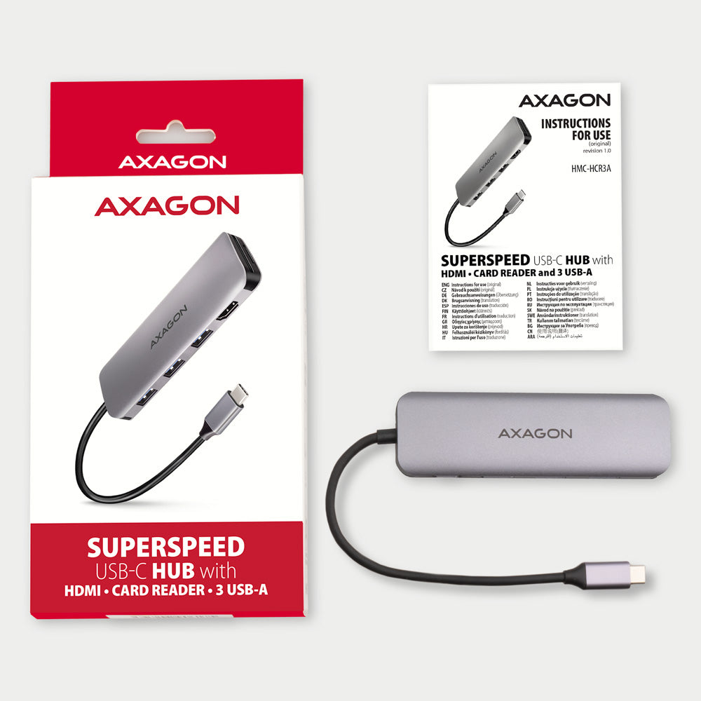 Axagon HMC-HCR3A 3x USB-A+ HDMI+ SD/microSD USB-C 3.2 Gen 1 hub 20cm Alámbrico USB 3.2 Gen 1 (3.1 Gen 1) Type-C Gris (8)