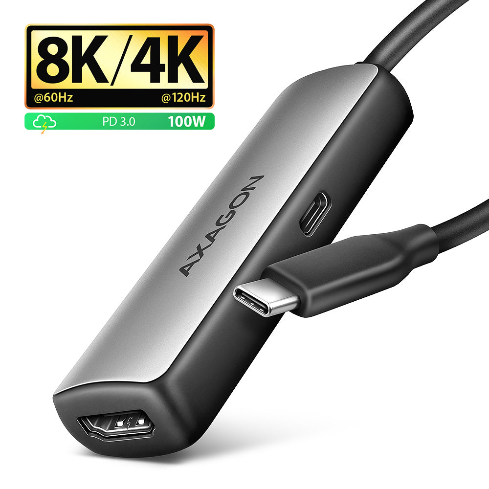 Axagon RVC-HI8KPD, USB-C -> HDMI 2.1 redukce / adaptér, 8K/60Hz, 4K/144Hz, HDR10+, PD100W 0,16 m USB Tipo C HDMI + USB Type-C