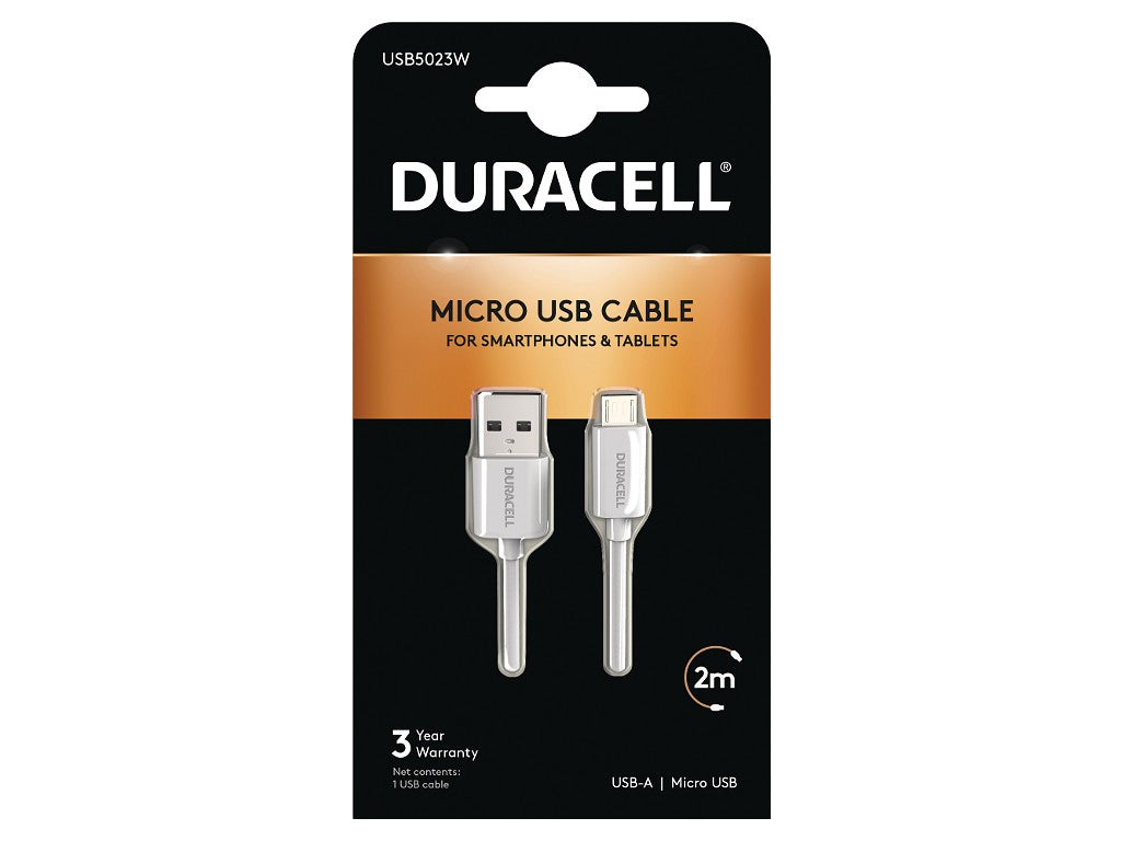 Duracell USB5023W cable USB 2.0 2 m USB A Micro-USB A Blanco