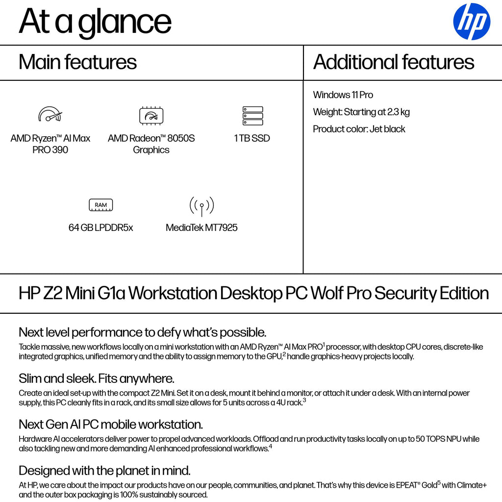 HP Z2 G1a Wolf Pro Security Edition Copilot+ PC AMD Ryzen AI Max PRO 390 64 GB LPDDR5x-SDRAM 1 TB SSD Windows 11 Pro Mini PC Workstation AI Workstation, AI PC Black (3)