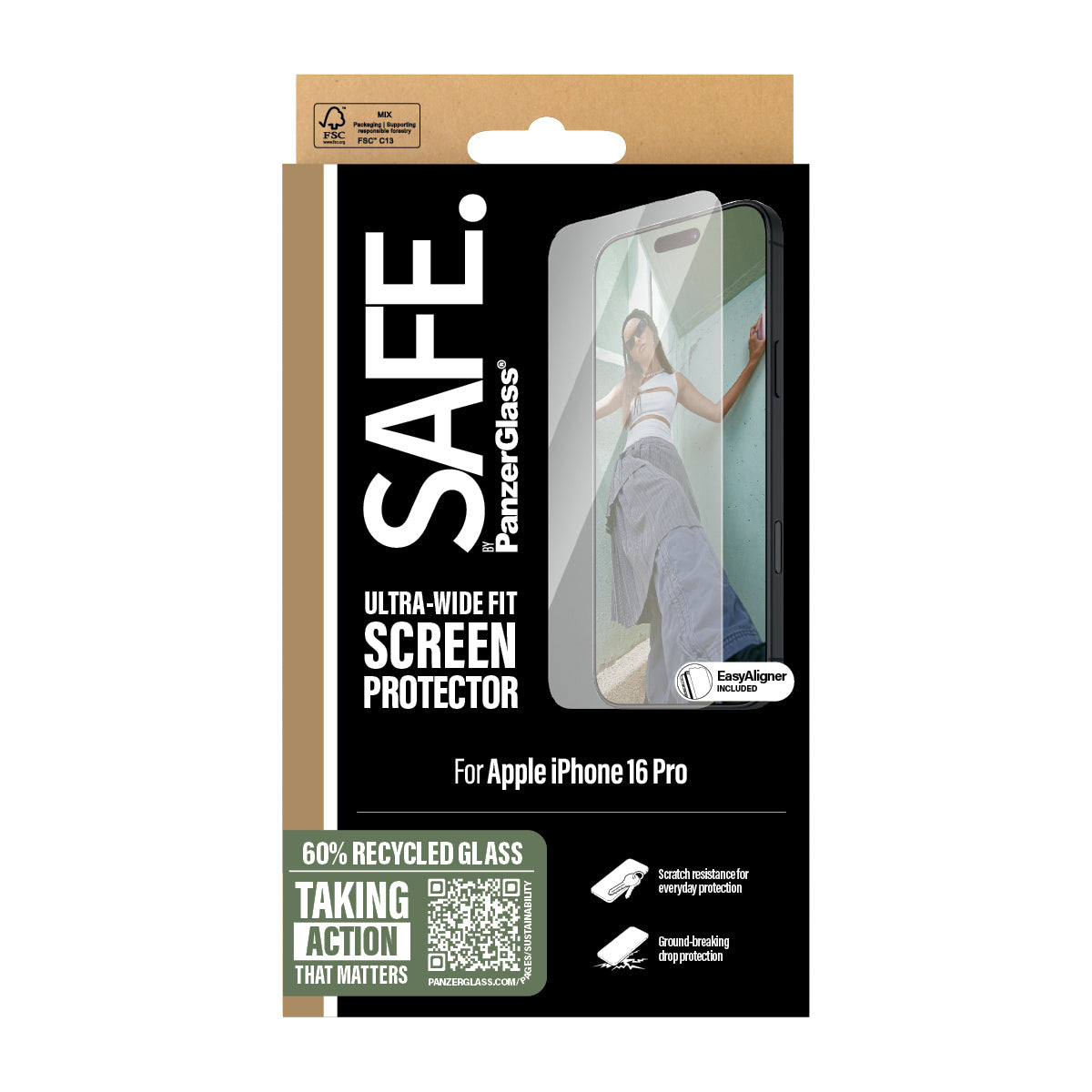 PanzerGlass SAFE. by ® Screen Protector iPhone 16 Pro, Ultra-Wide Fit Protector