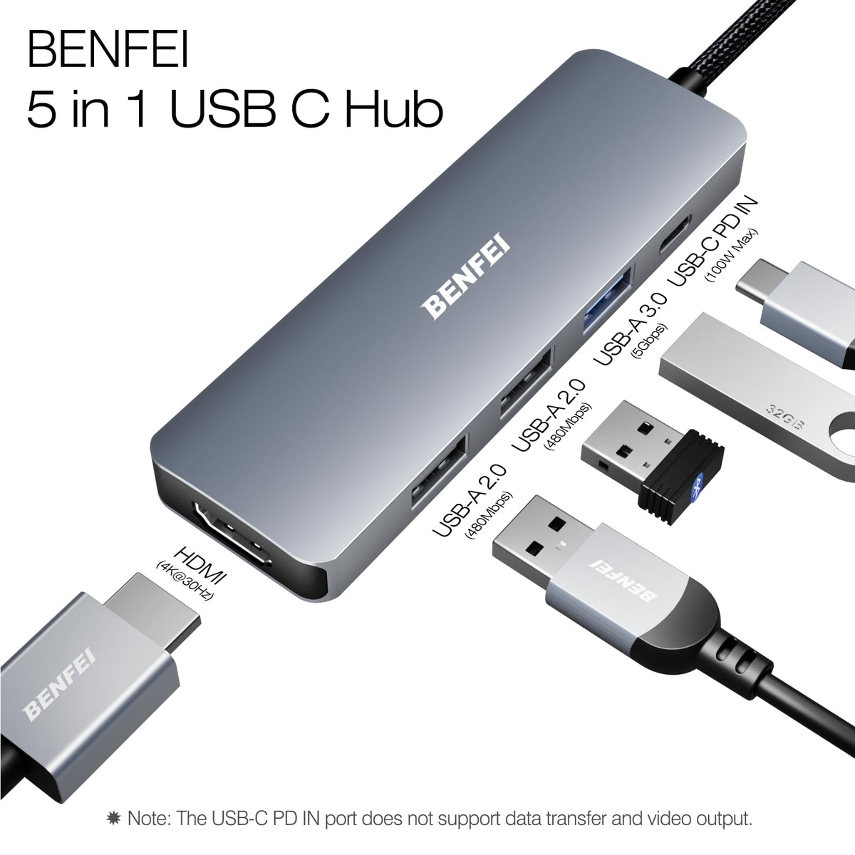 Benfei Hub USB C 5 en 1 con HDMI 4K 000360GREY