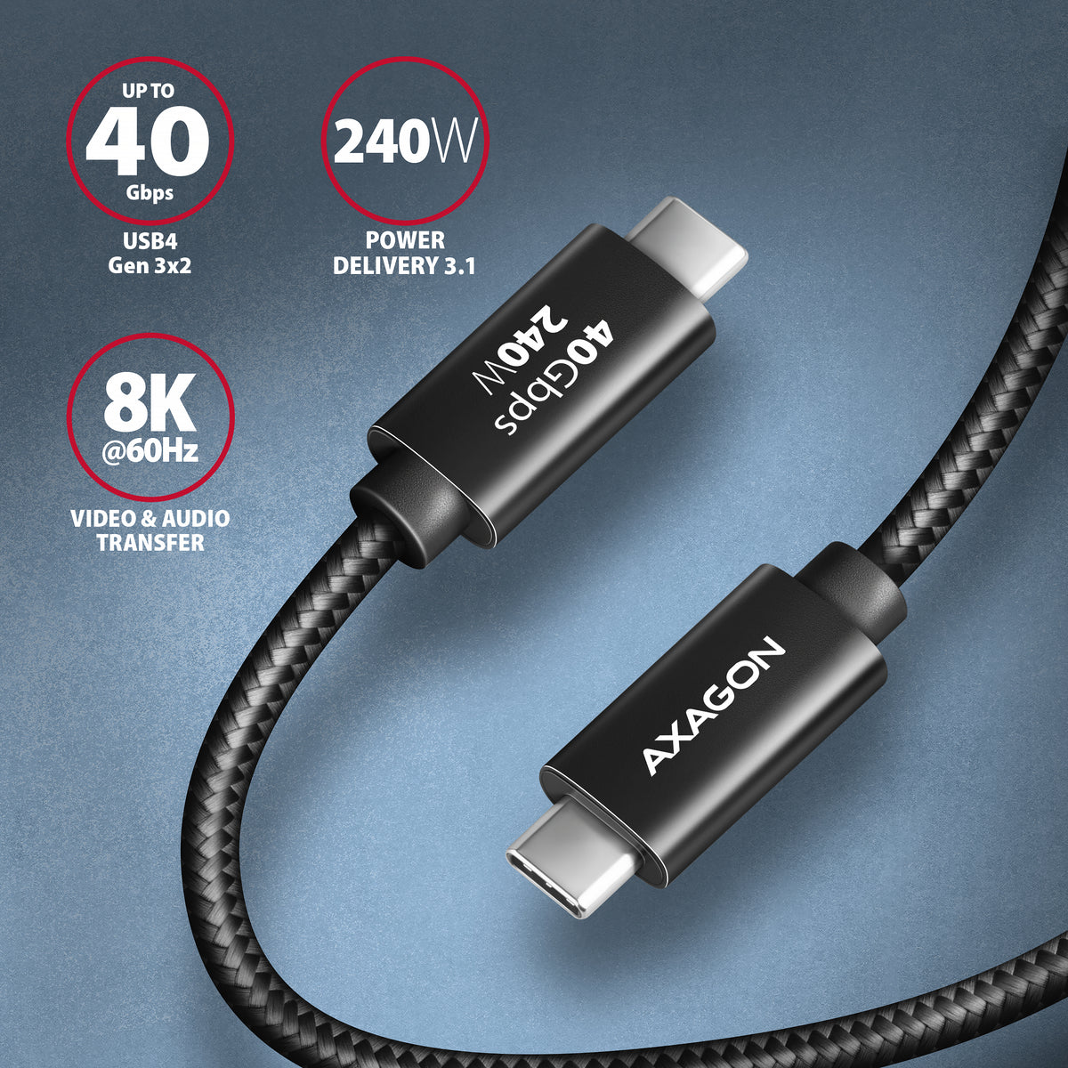 Axagon BUCM4X-CM05AB cable USB USB4 Gen 3x2 0,5 m USB C 40 Gbit/s 240 W Negro (2)