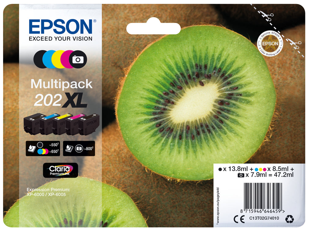 Epson C13T02G74010 - Paquete de 5, gran capacidad, negro, amarillo, cián, magenta, Photo Negro, original, blíster, cartucho de tinta, para Expression Premium XP-6000, XP-6005, XP-6100, XP-6105