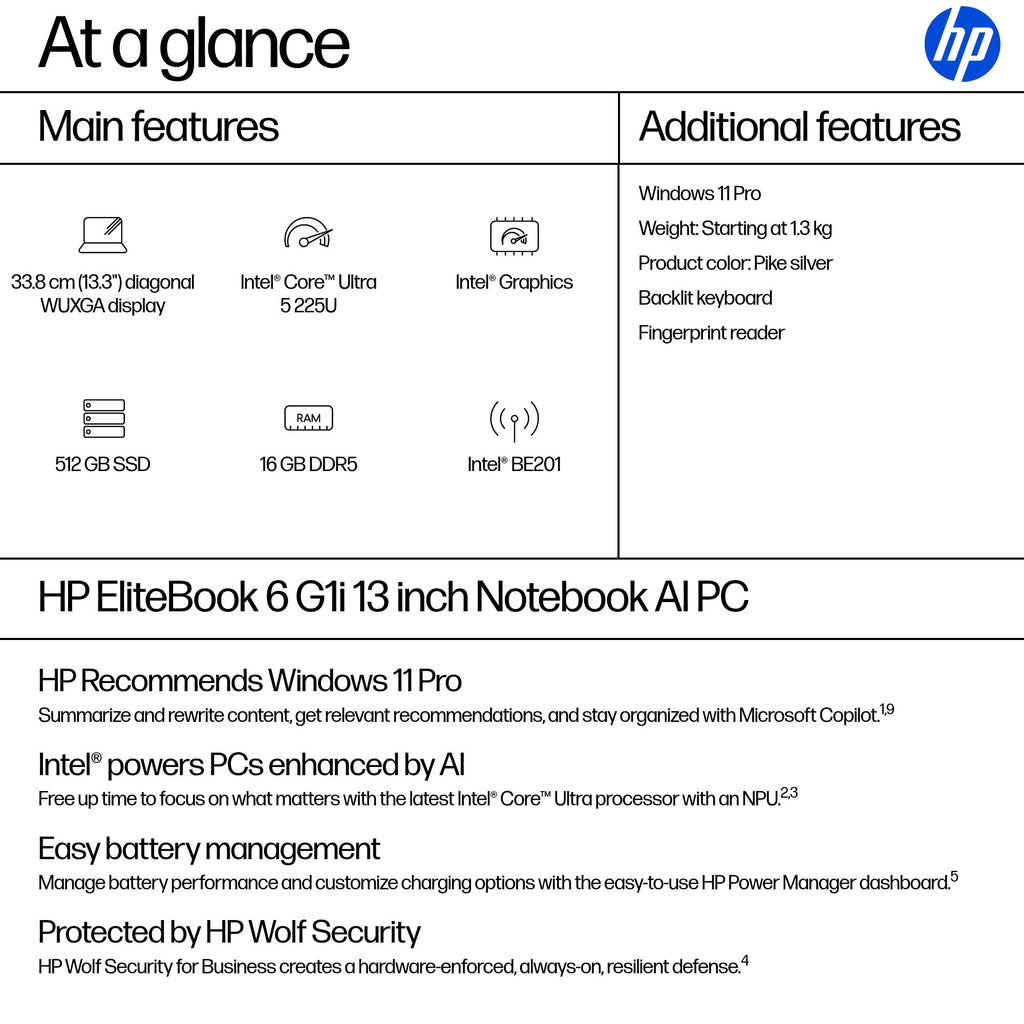 HP EliteBook 6 G1i AI PC Intel Core Ultra 5 225U Laptop 33.8 cm (13.3") WUXGA 16 GB DDR5-SDRAM 512 GB SSD Wi-Fi 7 (802.11be) Windows 11 Pro Silver (5)