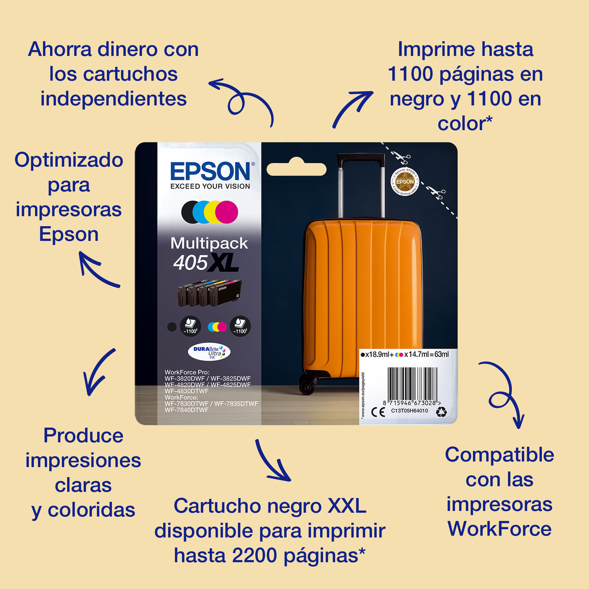 Epson 405XXL DURABrite Ultra Ink cartucho de tinta 1 pieza(s) Original Extra (Súper) alto rendimiento Negro
