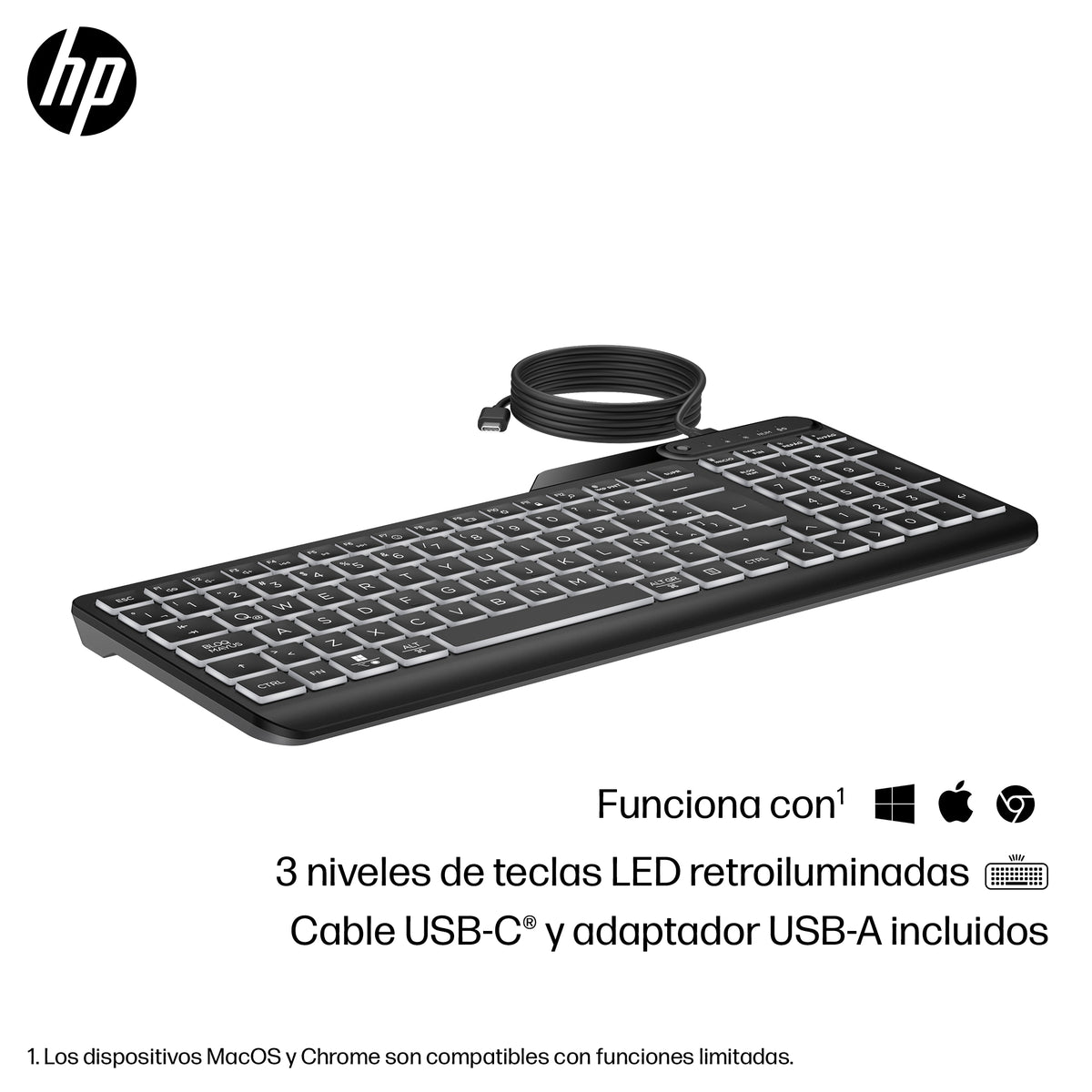 HP 405 Backlit Wired Keyboard teclado Oficina USB Negro (9)