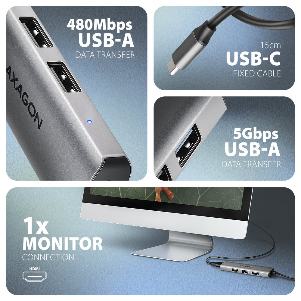 Axagon HMC-H3A base para portátil y replicador de puertos Alámbrico USB 3.2 Gen 1 (3.1 Gen 1) Type-C Plata (3)