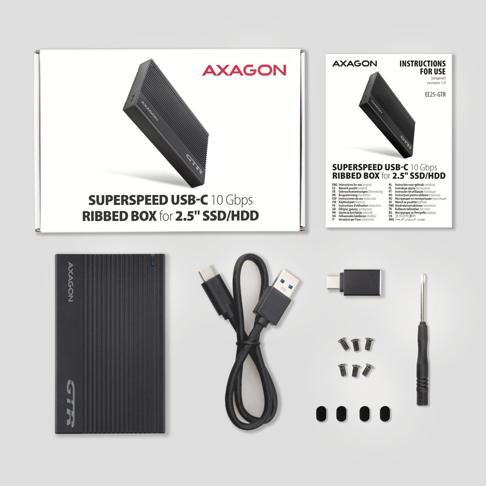 Axagon EE25-GTR USB-C 3.2 Gen 2 - SATA 6G 2.5\" externes Festplattengehäuse geriffelt Carcasa de disco duro/SSD Negro 2.5" (7)