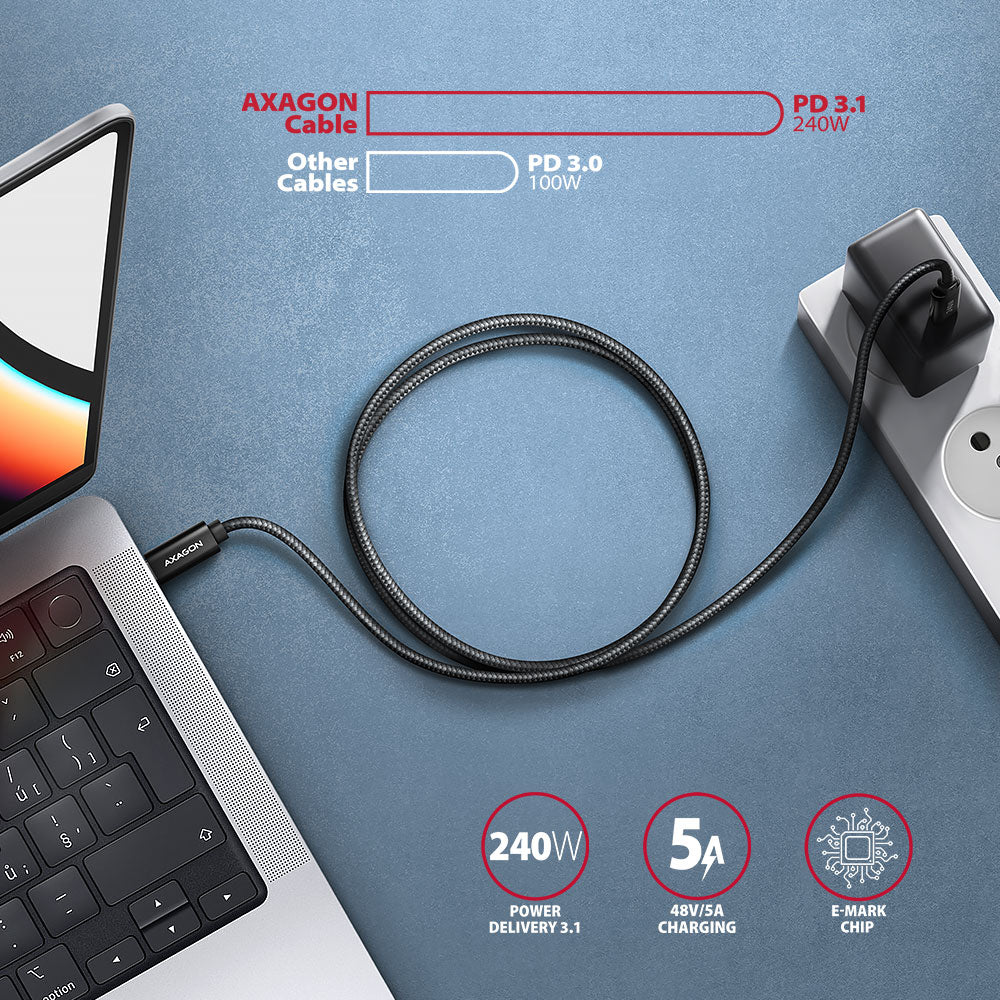 Axagon BUCM2-CM30AB Ladekabel USB-C zu USB-C 2.0, 3 m, PD 240 W 5 A, ALU - Schwarz - 3 Meter langes USB-C zu USB-C Kabel - Daten- und Ladefähig cable USB USB 2.0 USB C 0,48 Gbit/s Negro (4)