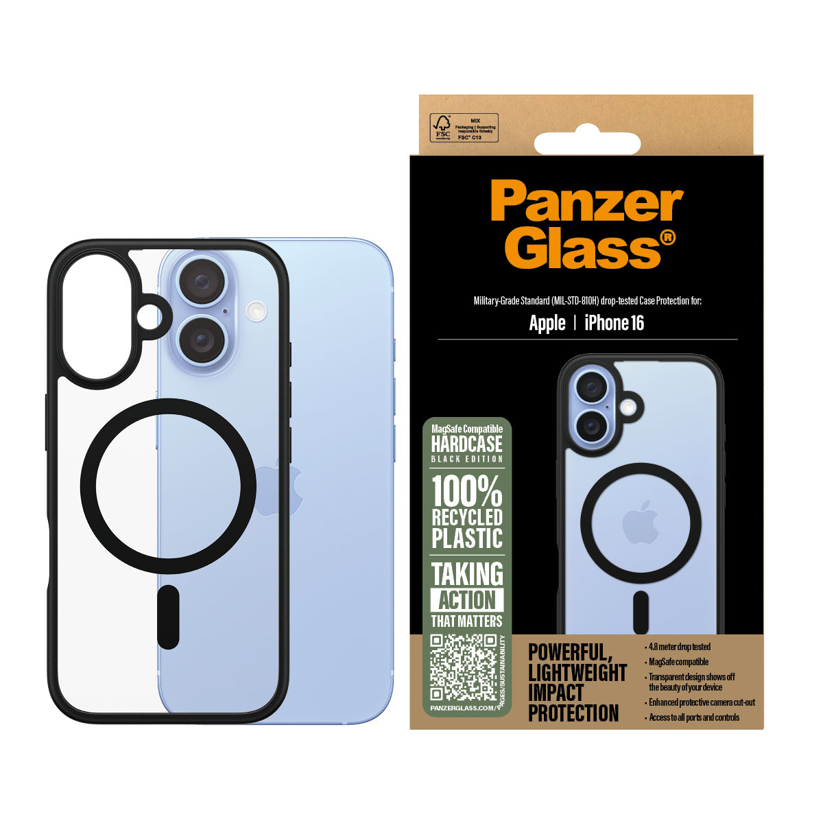 PanzerGlass ® HardCase Transparent w. Black MagSafe & Frame iPhone 16 funda para teléfono móvil Negro (2)