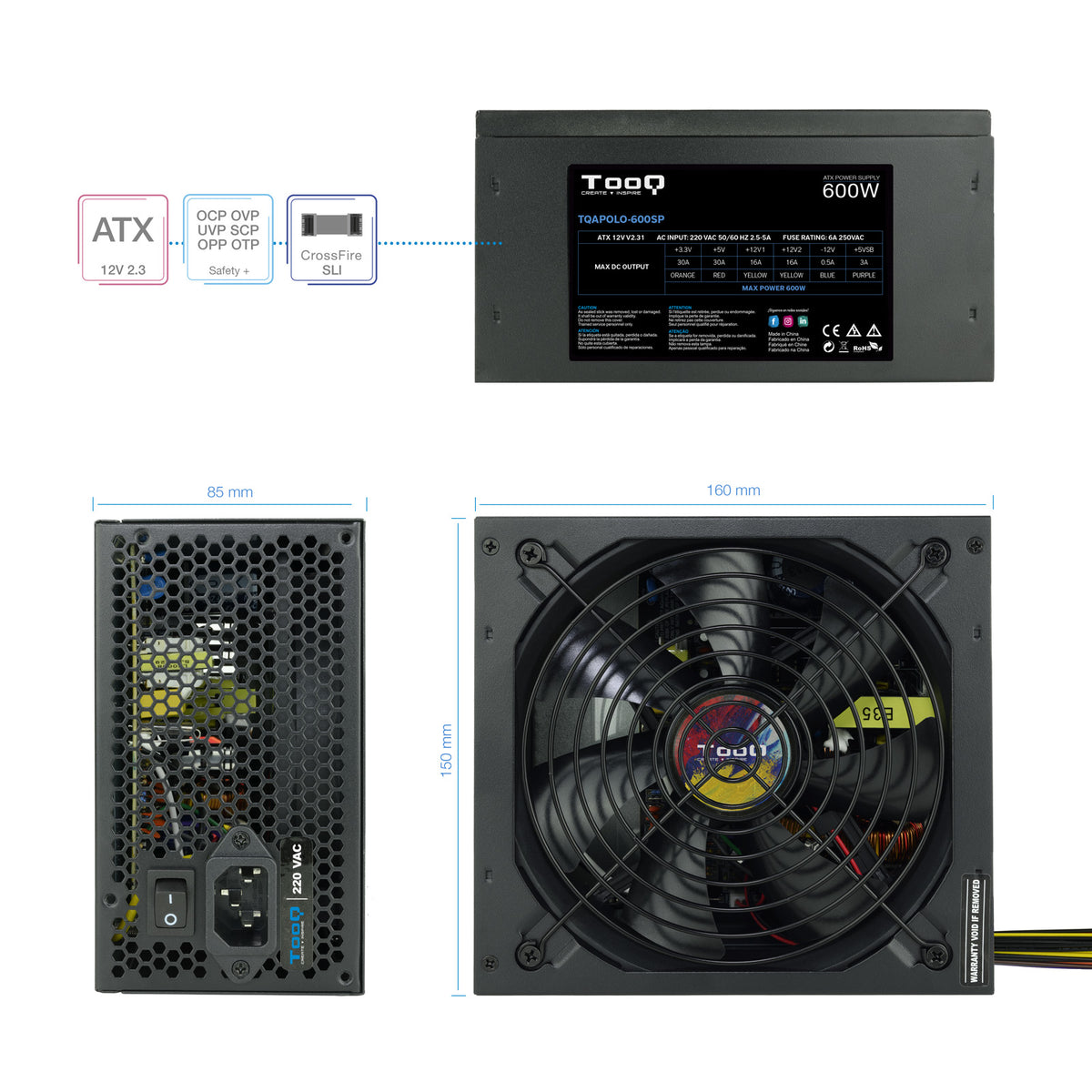 TooQ TQAPOLO-600SP unidad de fuente de alimentación 600 W 20+4 pin ATX ATX Negro (5)