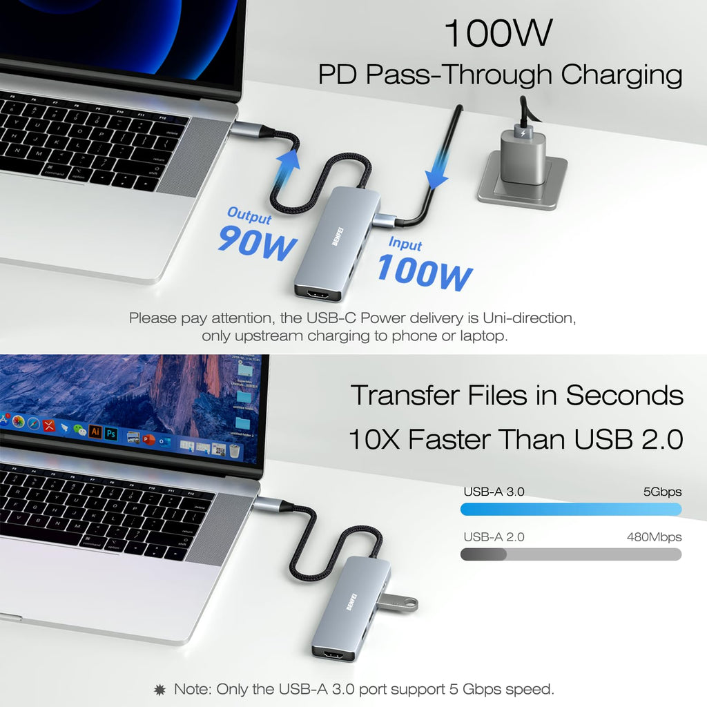 Benfei Hub USB C 5 en 1 con HDMI 4K 000360GREY