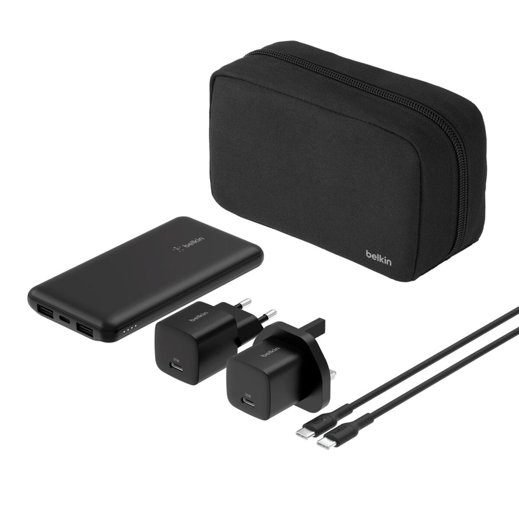 Cargador portátil + adaptador de corriente CA - 10000 mAh - 3 conectores de salida (USB-C, 2 x USB) - en el cable: USB-C - con estuche con cremallera