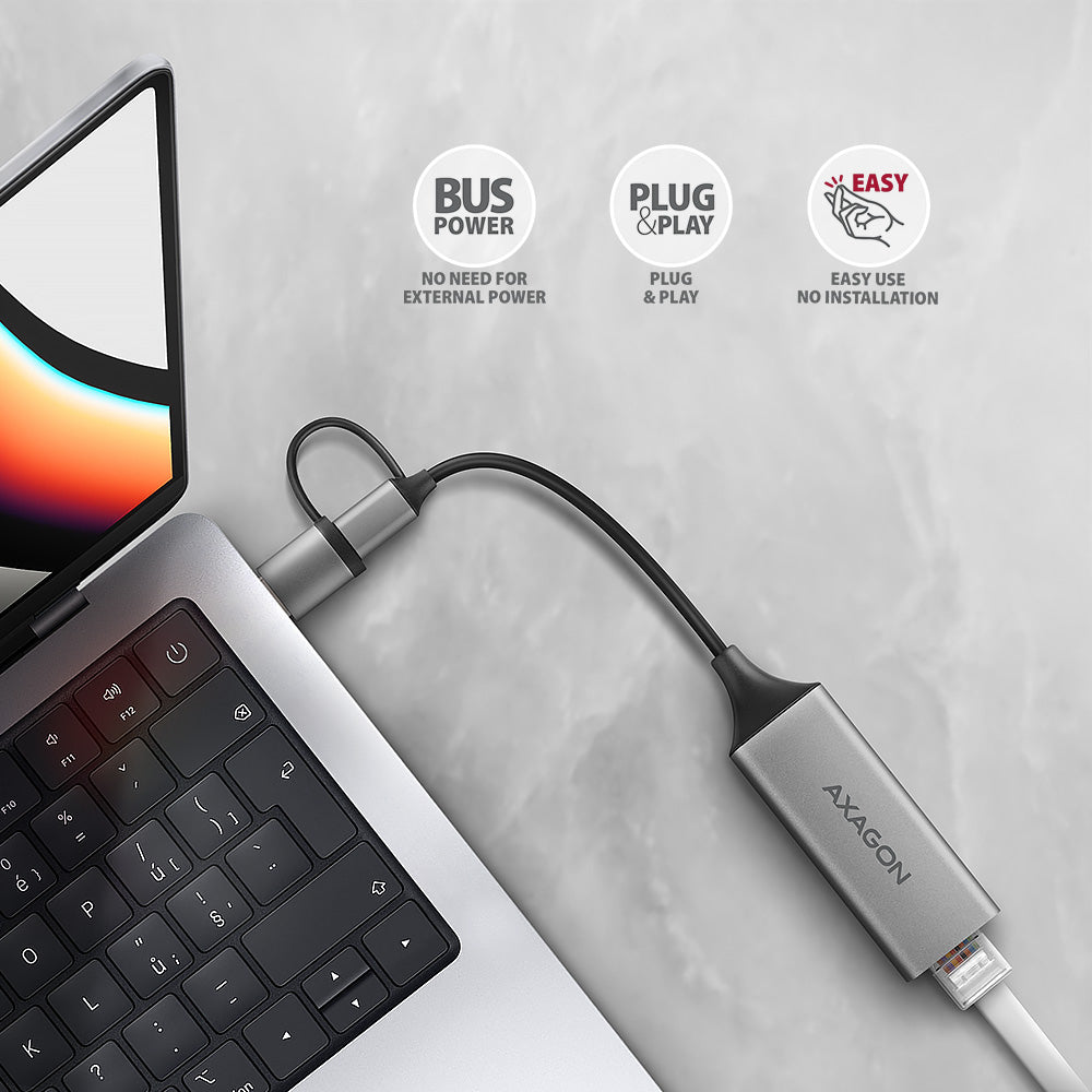 Axagon ADE-TXCA Gigabit Ethernet Adapter USB-C+ USB-A - titangrau - Adapter - Digital/Daten 1000 Mbit/s (3)