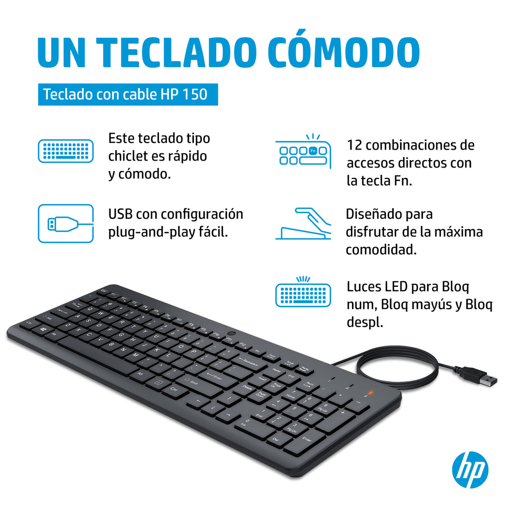 HP 150 USB-A Wired Keyboard teclado Universal Negro (3)