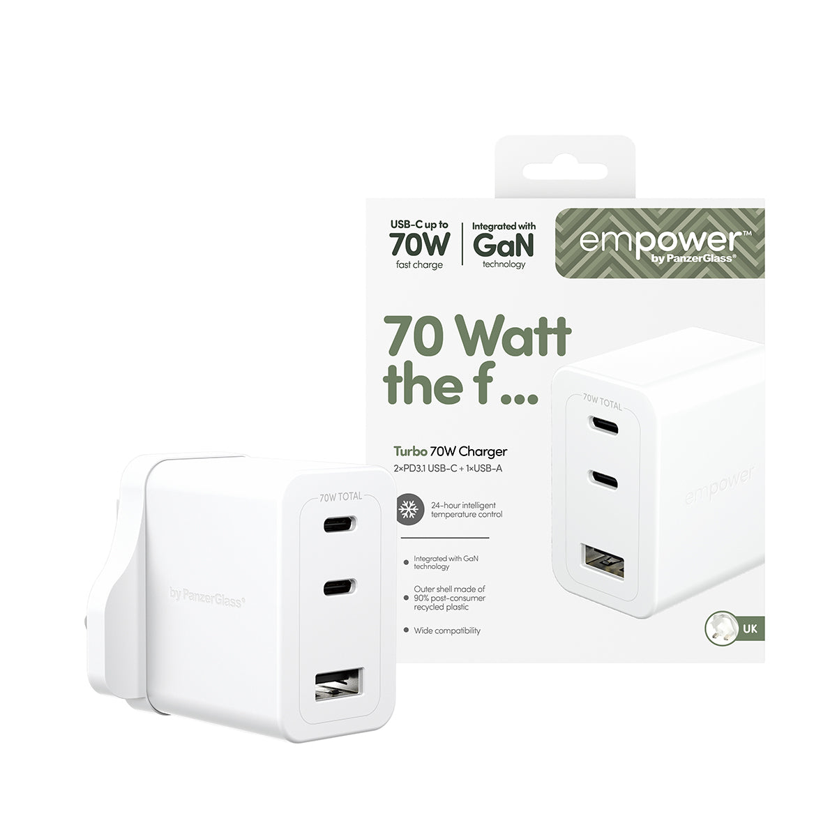PanzerGlass empower™ by ® Turbo 70W Charger incl. 2 x USB-C + USB-A | UK Plug | Silver White Blanco (2)