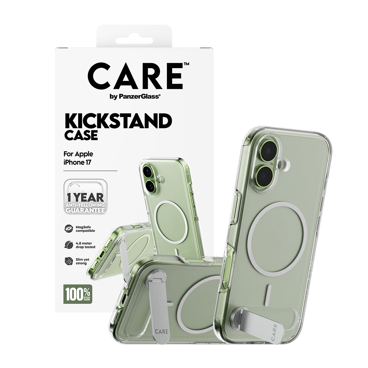 PanzerGlass CARE™ by ® Kickstand Case Transparent w. MagSafe iPhone 17 funda