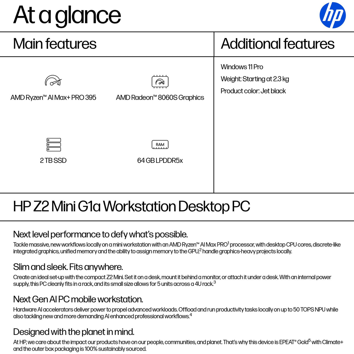 HP Z2 G1a Copilot+ PC AMD Ryzen AI Max+ PRO PRO 395 64 GB LPDDR5x-SDRAM 2 TB SSD Windows 11 Pro Mini PC Workstation AI Workstation, AI PC Black (3)
