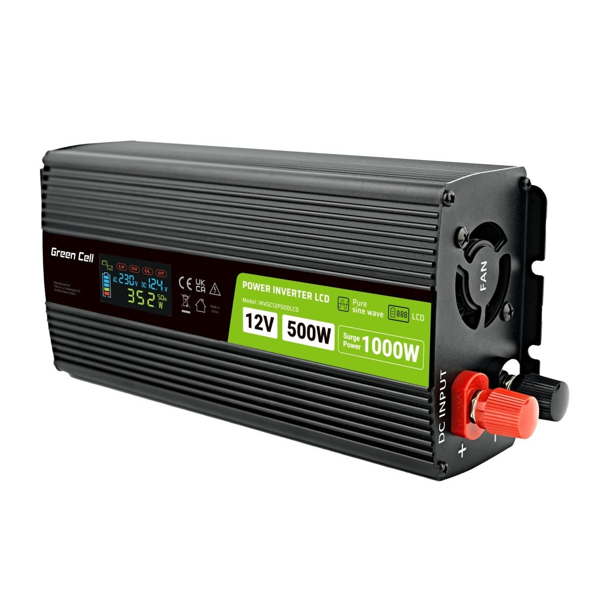 Green Cell Przetwornica napicia PowerInverter LCD 12 V 500W/1000W Przetwornica samochodowa z wywietlaczem - czysty sinus adaptateur de puissance & onduleur Auto Noir