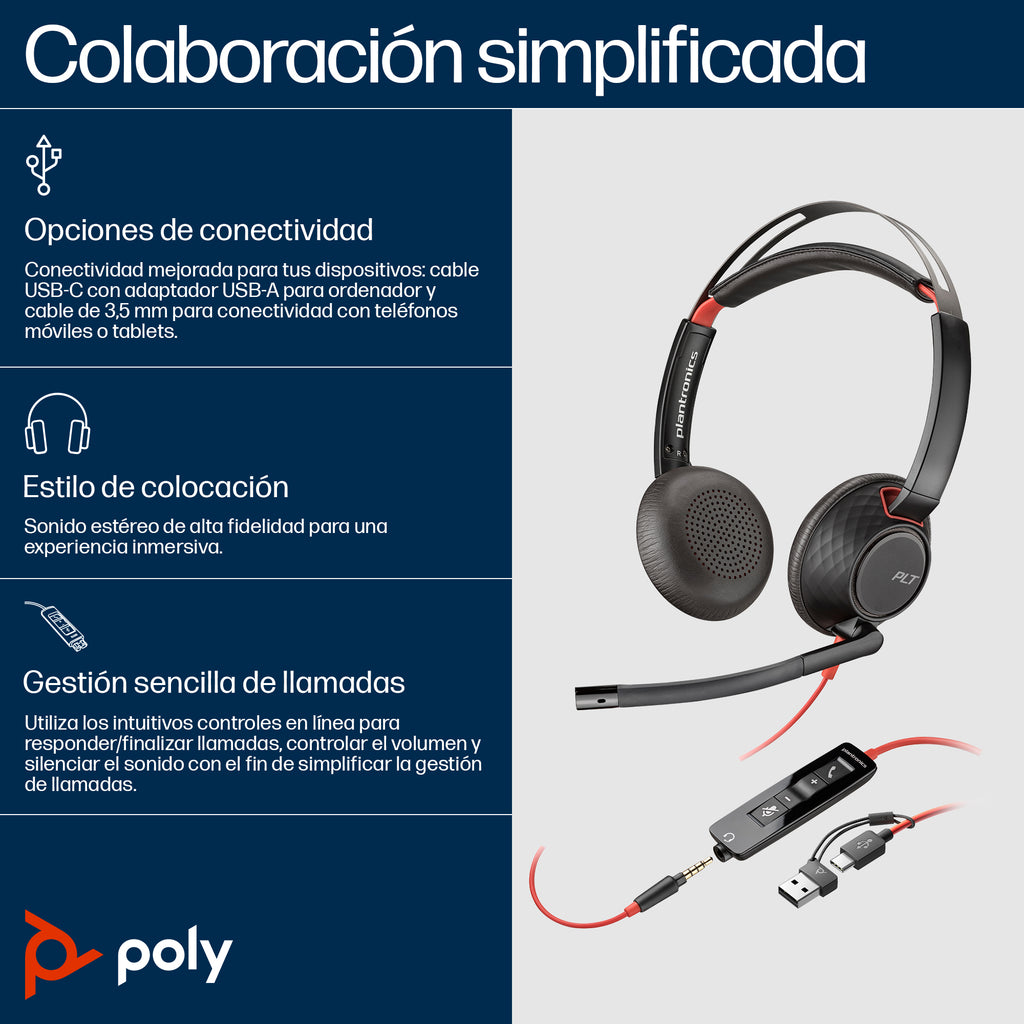 HP Poly Blackwire 5220 Stereo USB-C Headset +3.5mm Plug +USB-C/A Adapter Alámbrico Diadema Business/Everyday USB Tipo C Negro (3)