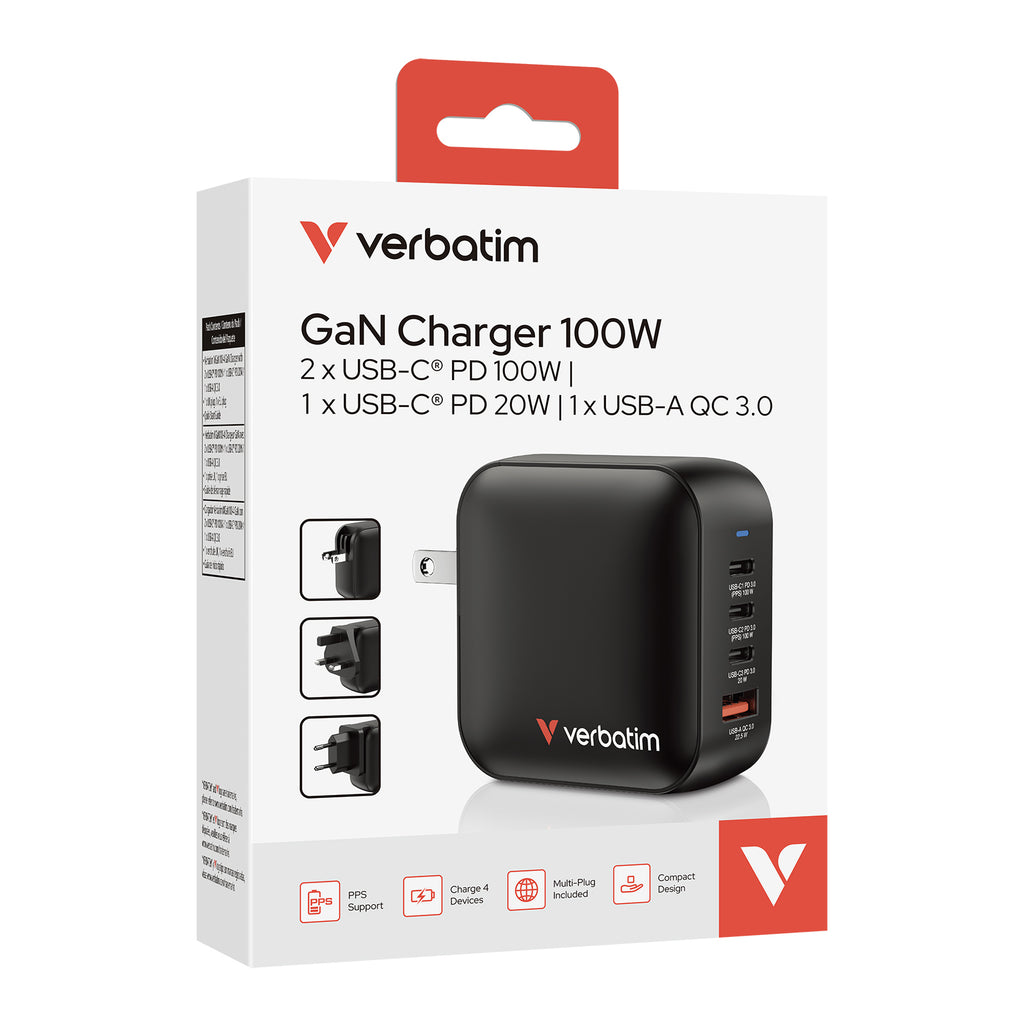 Verbatim Mini GaN Charger 100W Universal Negro Corriente alterna Carga rápida