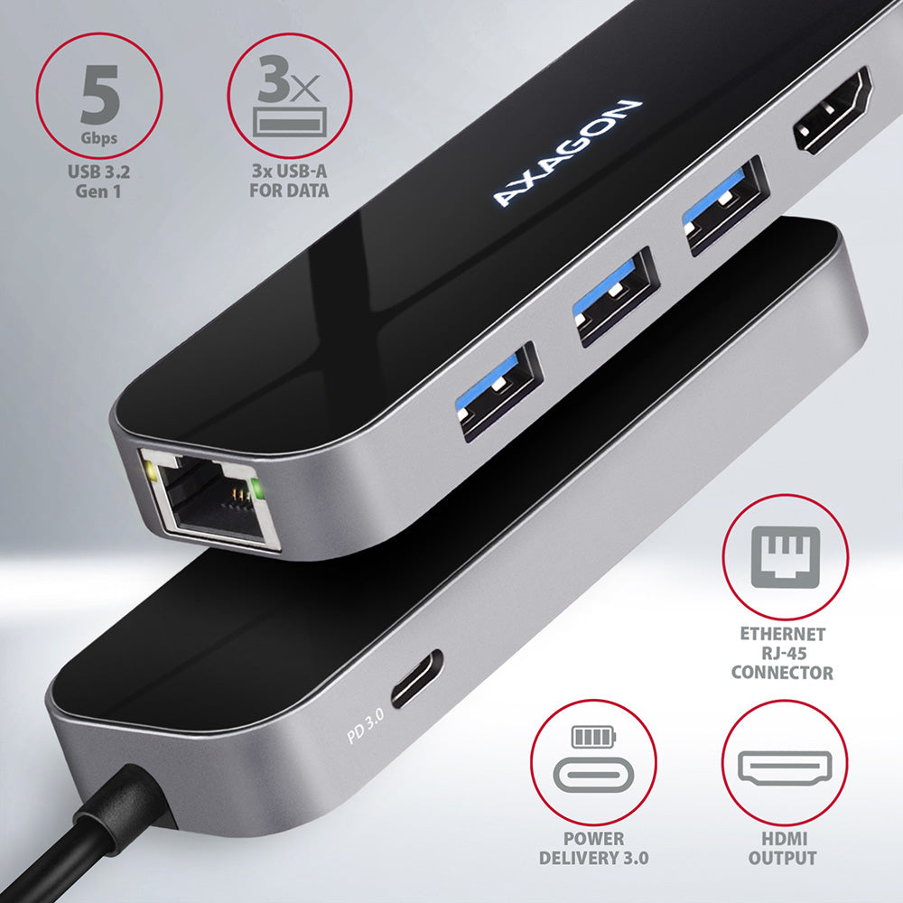 Axagon HMC-6GL base para portátil y replicador de puertos Alámbrico USB 3.2 Gen 1 (3.1 Gen 1) Type-C Negro, Gris (4)