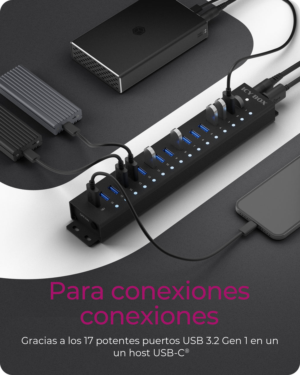 ICY BOX IB-HUB1717-U3 USB 3.2 Gen 1 (3.1 Gen 1) Type-A 5000 Mbit/s Negro (3)