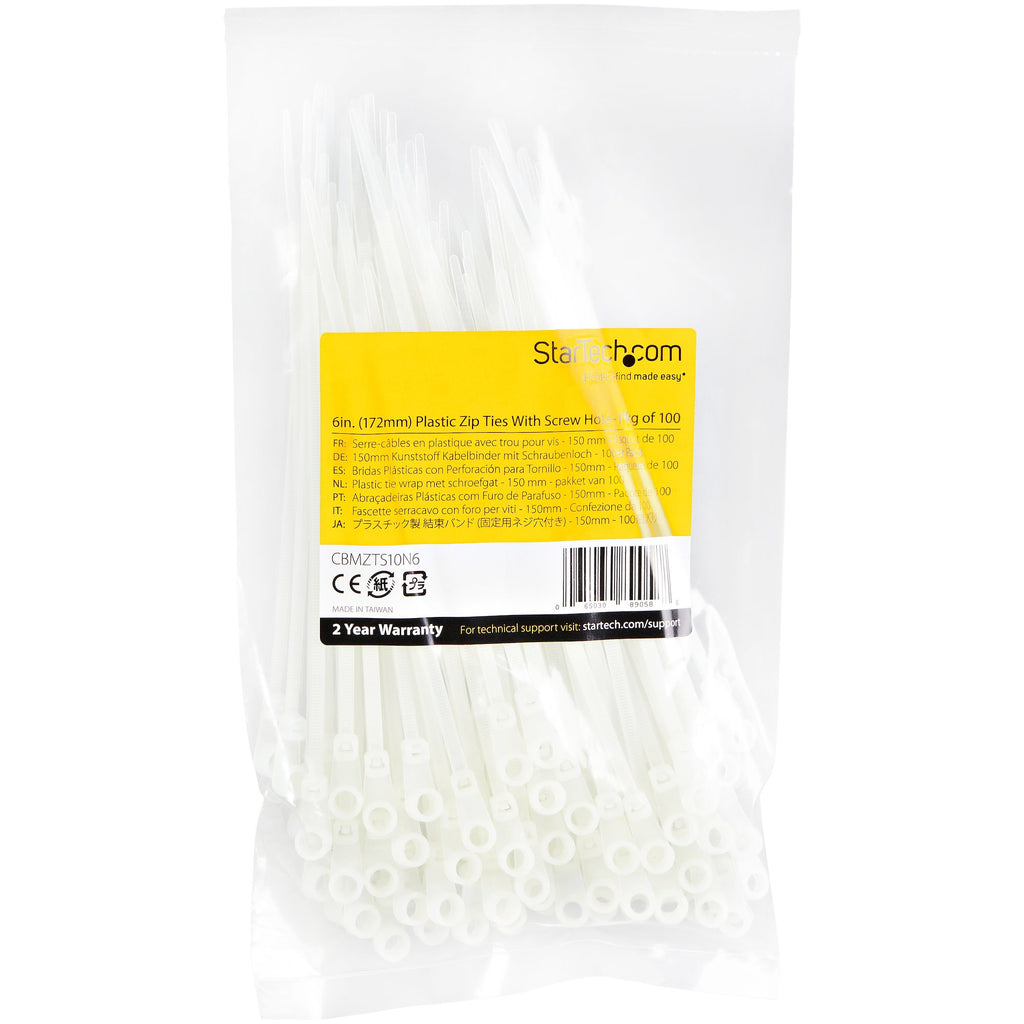 StarTech.com CBMZTS10N6 presilla Brida reutilizable Nylon, Plástico Blanco 100 pieza(s) (6)