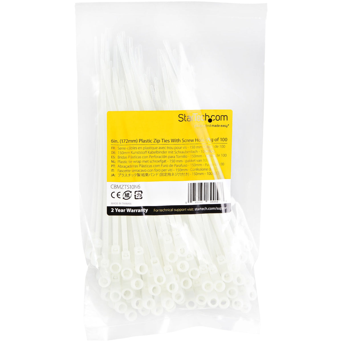 StarTech.com CBMZTS10N6 presilla Brida reutilizable Nylon, Plástico Blanco 100 pieza(s) (6)