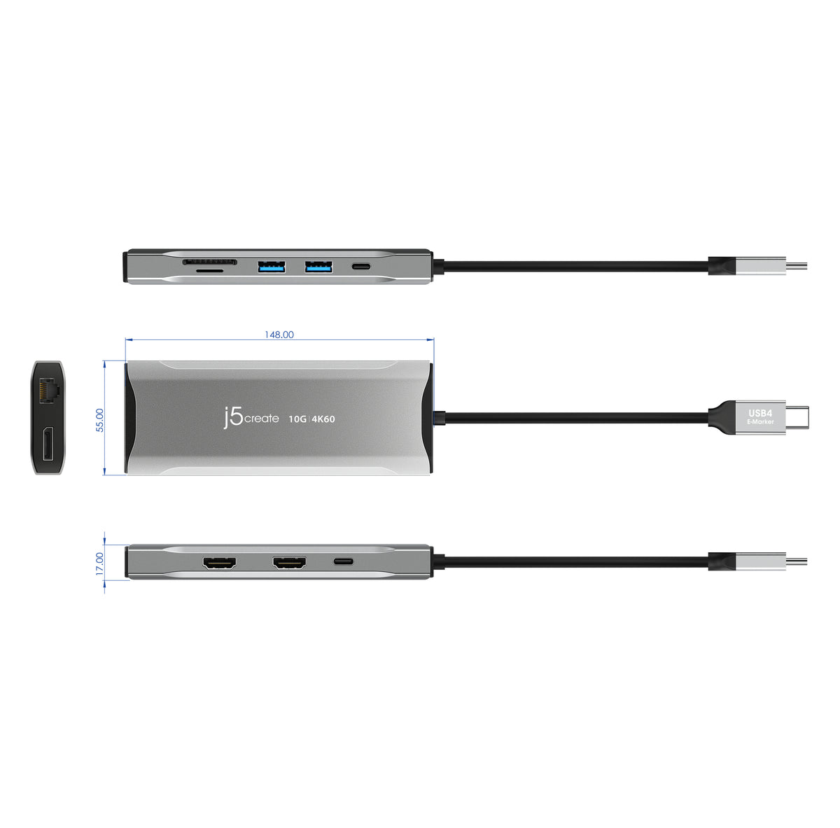 j5create JCD397 Alámbrico USB 3.2 Gen 1 (3.1 Gen 1) Type-C Gris