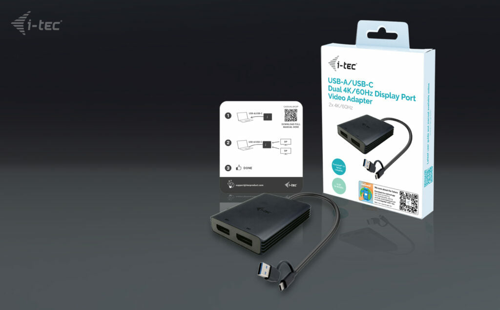 i-tec CADUAL4KDP adaptador de cable de vídeo 0,27 m USB Type-A/USB Type-C 2 x DisplayPort Negro (4)