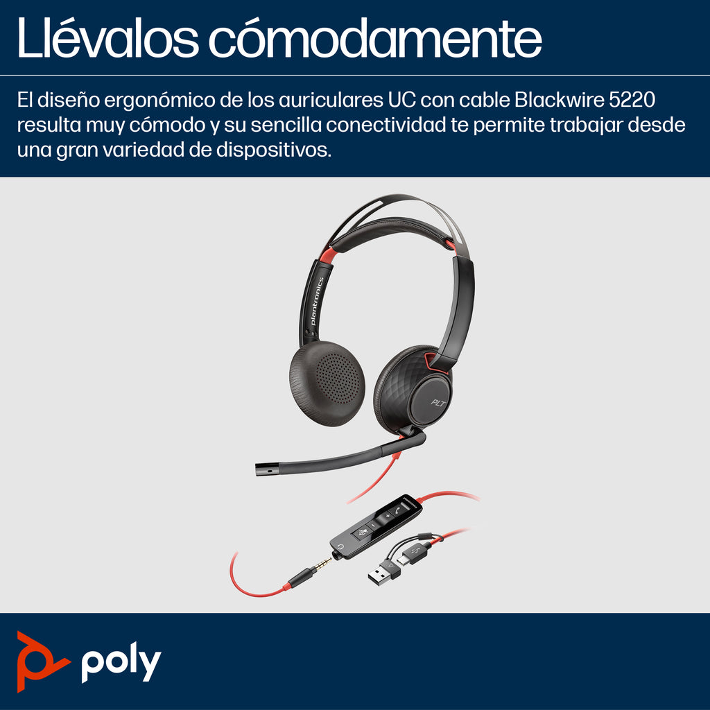 HP Poly Blackwire 5220 Stereo USB-C Headset +3.5mm Plug +USB-C/A Adapter Alámbrico Diadema Business/Everyday USB Tipo C Negro (6)
