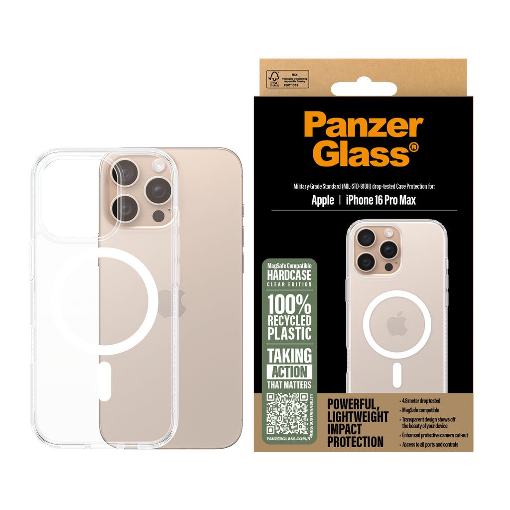 PanzerGlass ® HardCase Transparent w. White MagSafe iPhone 16 Pro Max funda
