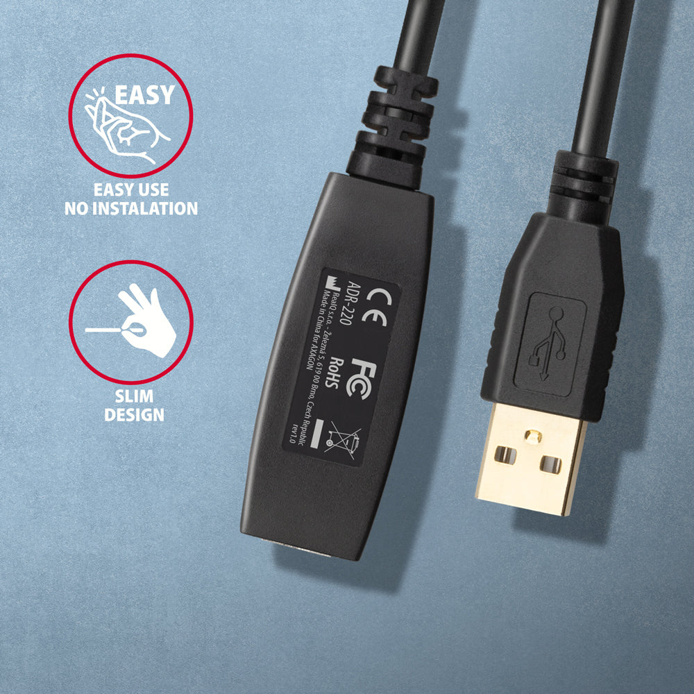 Axagon ADR-220 USB 2.0 A-M -> A-F active extension/repeater cable 20m - Kabel - Digital/Daten cable USB USB A 0,48 Gbit/s Negro (4)