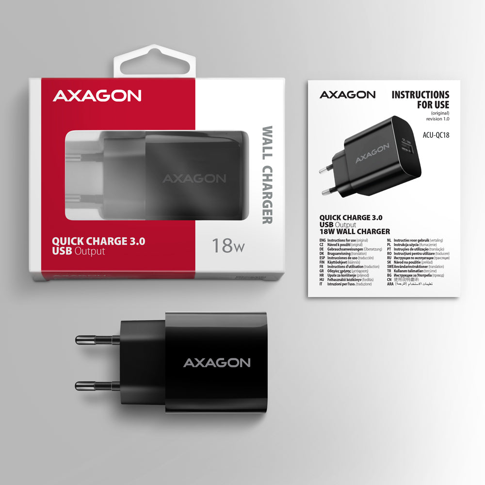 Axagon ACU-QC18 cargador de dispositivo móvil Teléfono móvil, Batería portátil, Smartphone, Reloj inteligente, Tableta, Universal Negro Corriente alterna Carga rápida Interior (8)