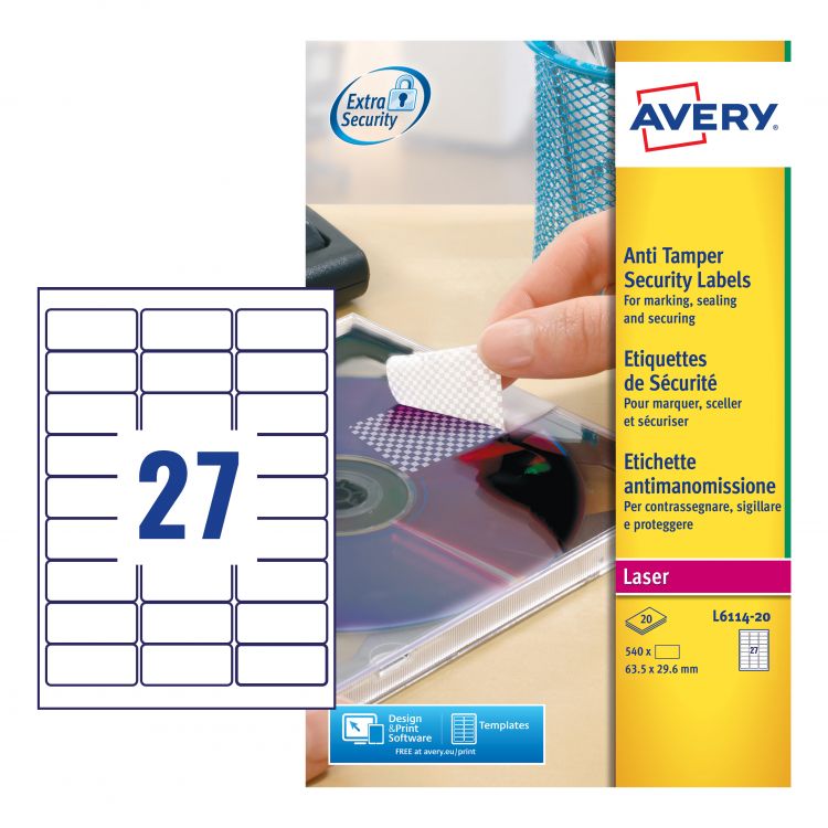 Avery L6114-20 Etiquetas antimanipulación 20 hojas - 27 Etiquetas por hoja