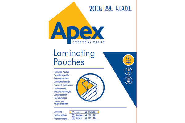 Apex Laminating Pouch A4 Light Duty - 200pk