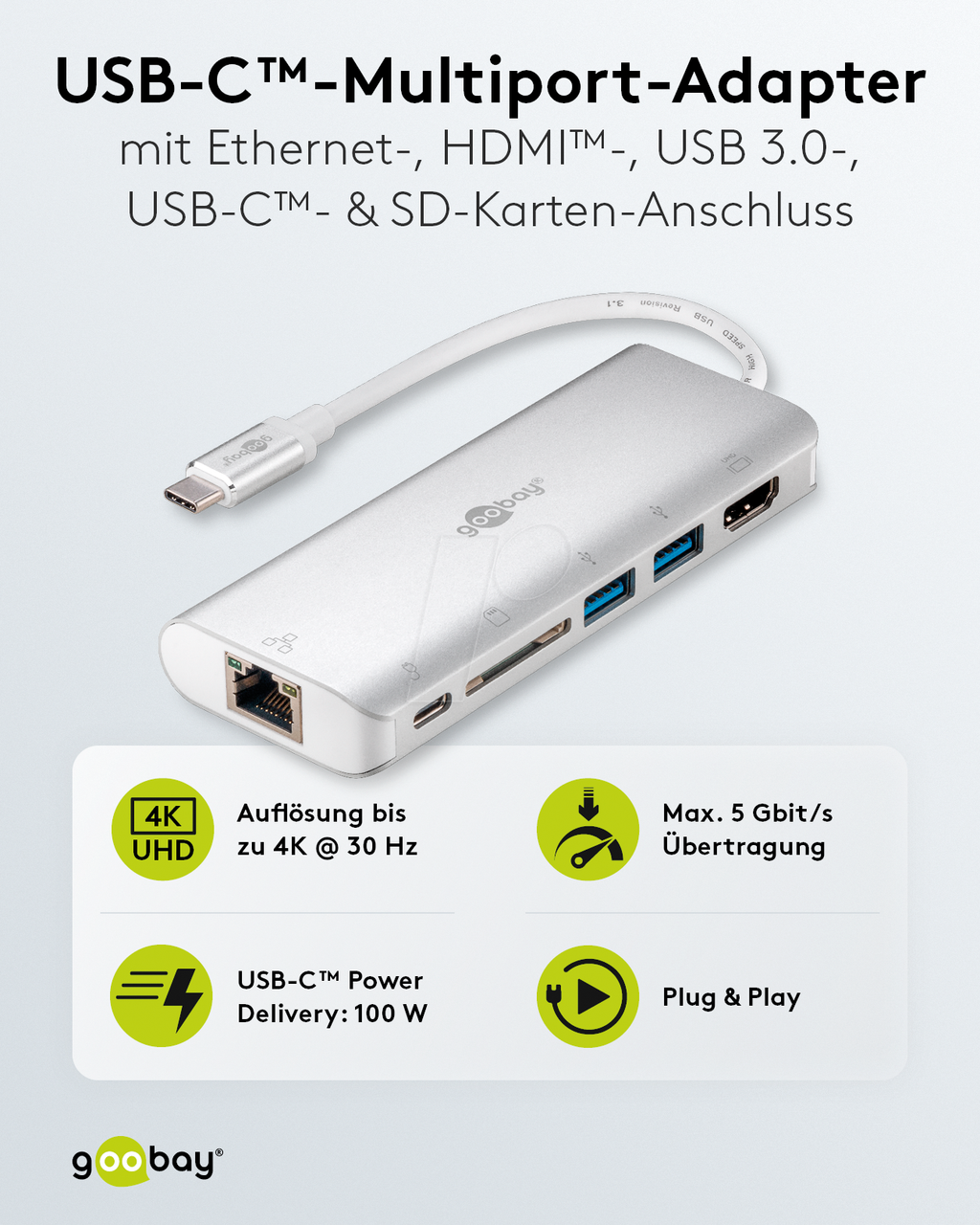 Goobay USB-C adaptador multipuerto, Aluminium, plata (2)