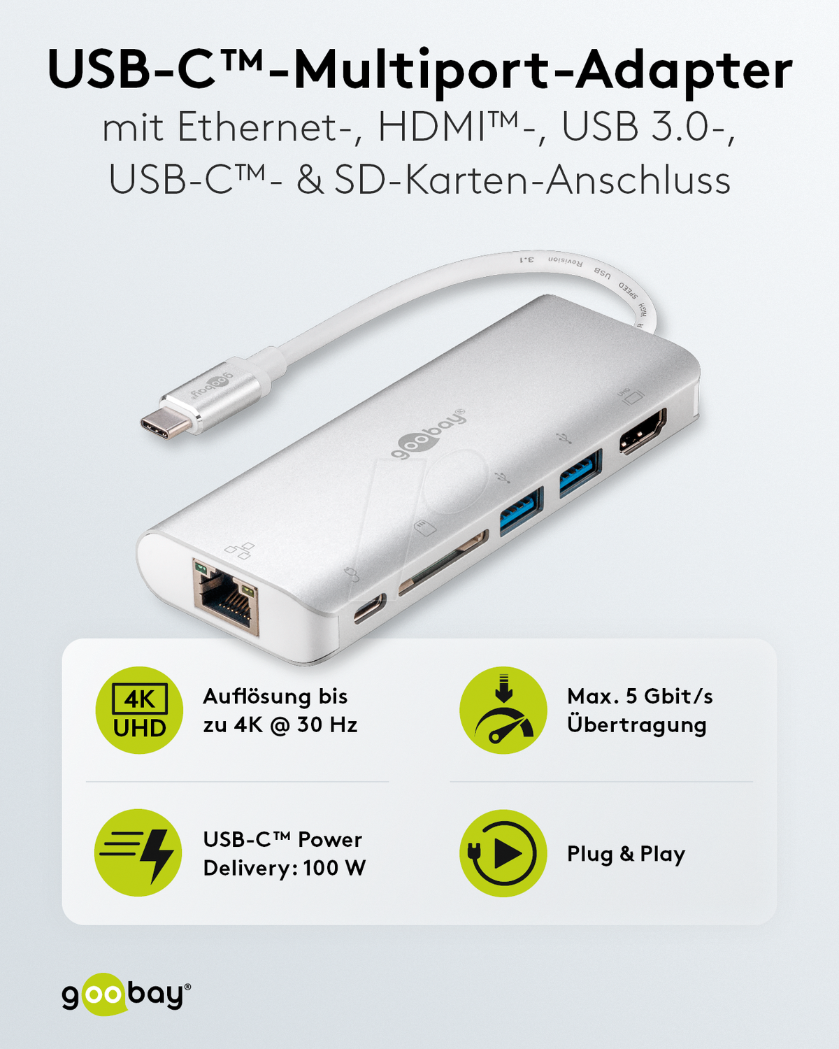 Goobay USB-C adaptador multipuerto, Aluminium, plata (2)