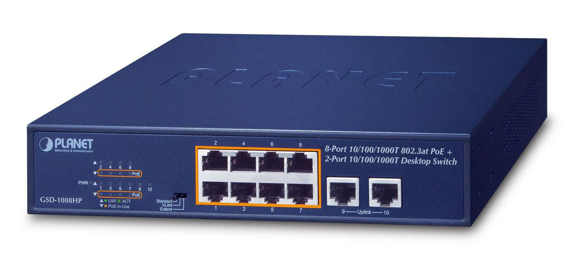 Planet 8-Port 10/100/1000T 802.3at GSD-1008HP