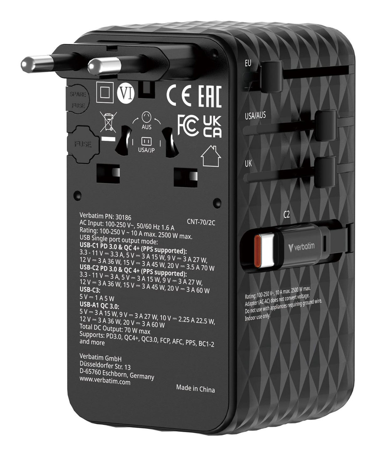 Verbatim Charge 'n' Travel 70W Universal Negro Corriente alterna Carga rápida Interior