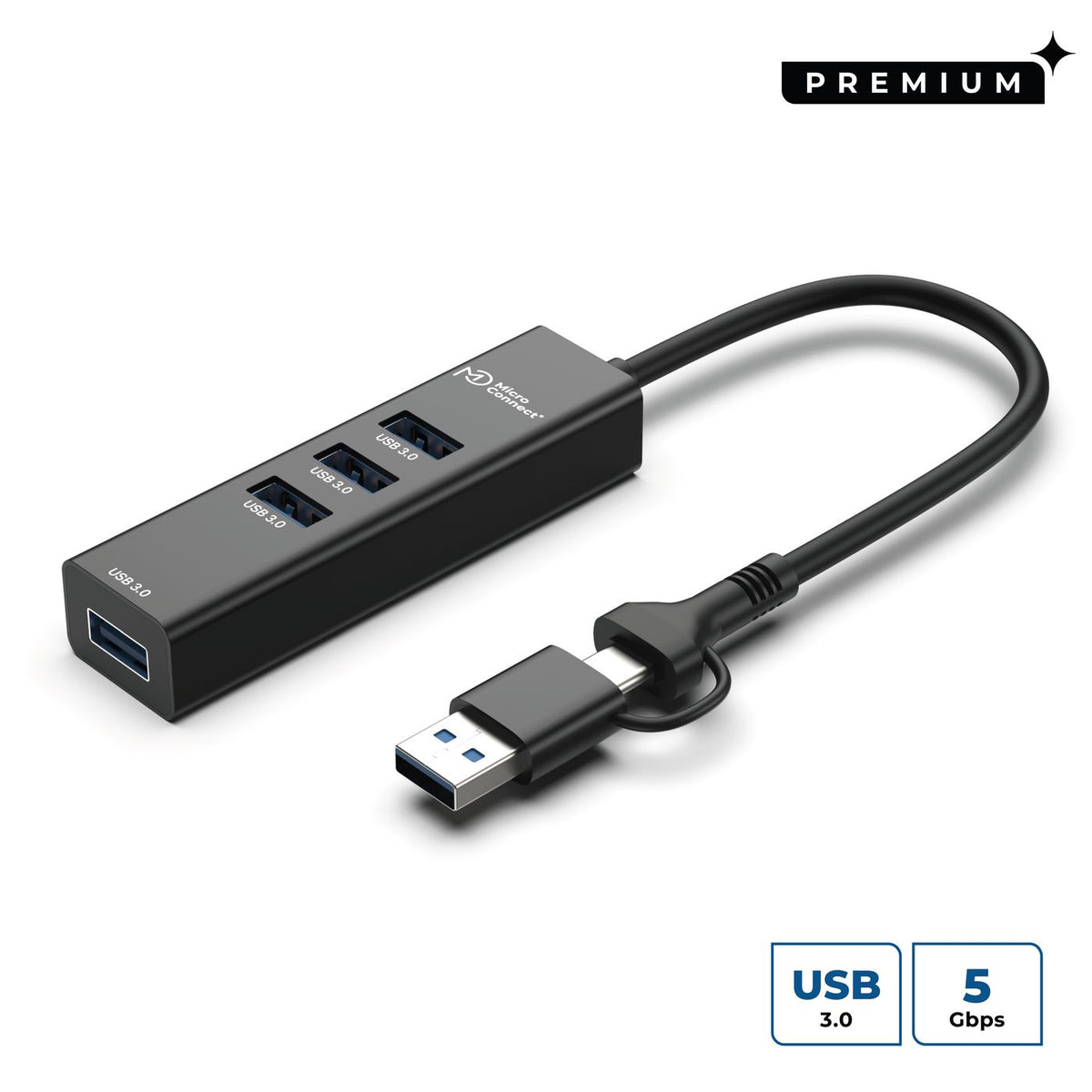 Microconnect USBHUB4-2IN1 hub de interfaz USB 3.2 Gen 1 (3.1 Gen 1) Type-A 5000 Mbit/s Negro