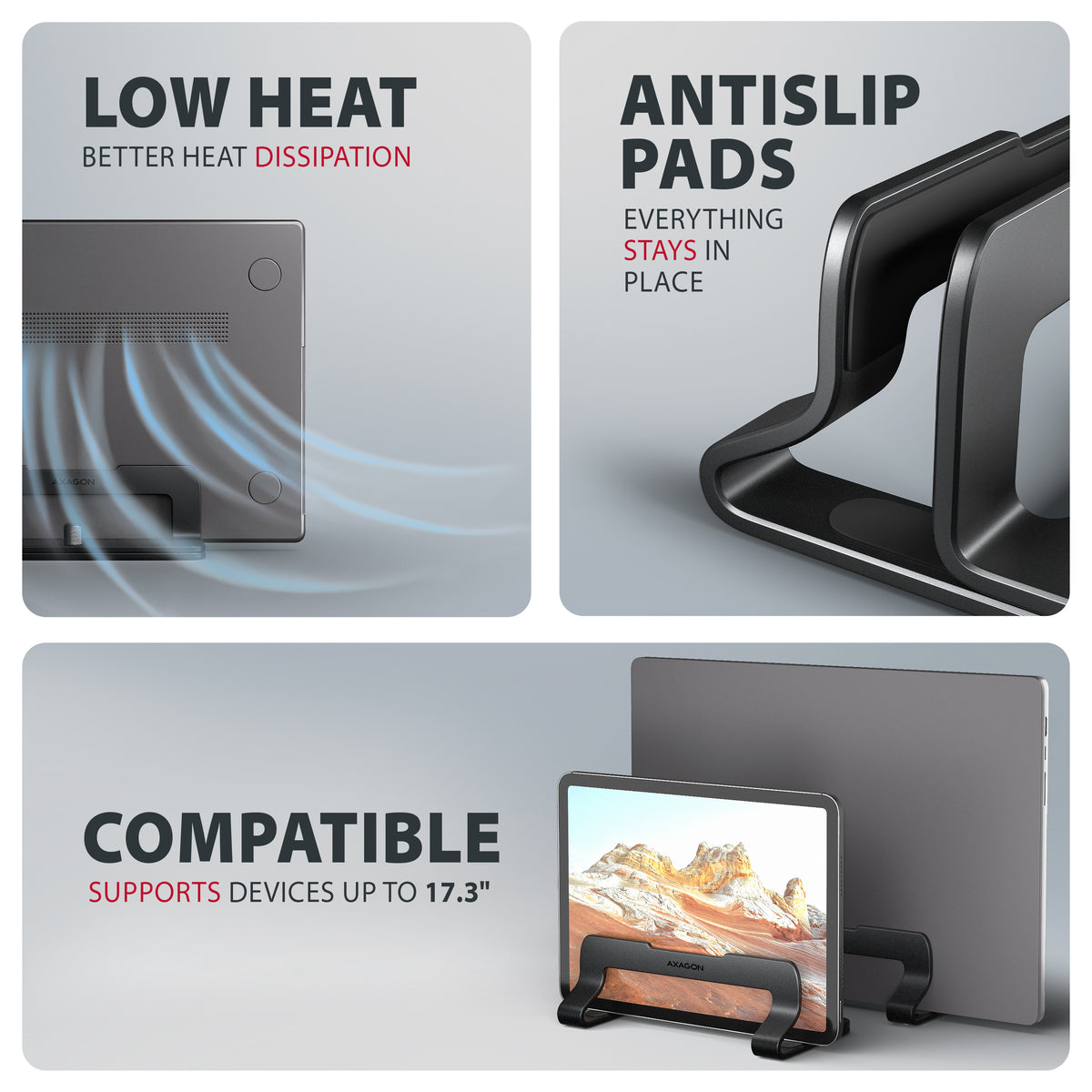 Axagon STND-VB Vertikaler Laptop-Ständer, einstellbare Breite, Aluminium Soporte para ordenador portátil y tableta Negro 43,9 cm (17.3") (3)