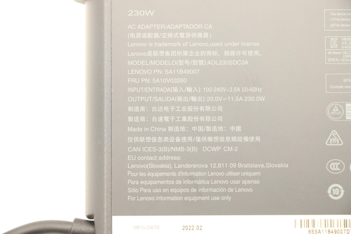 Lenovo 5A10V03260 adaptador e inversor de corriente Interior 230 W Negro