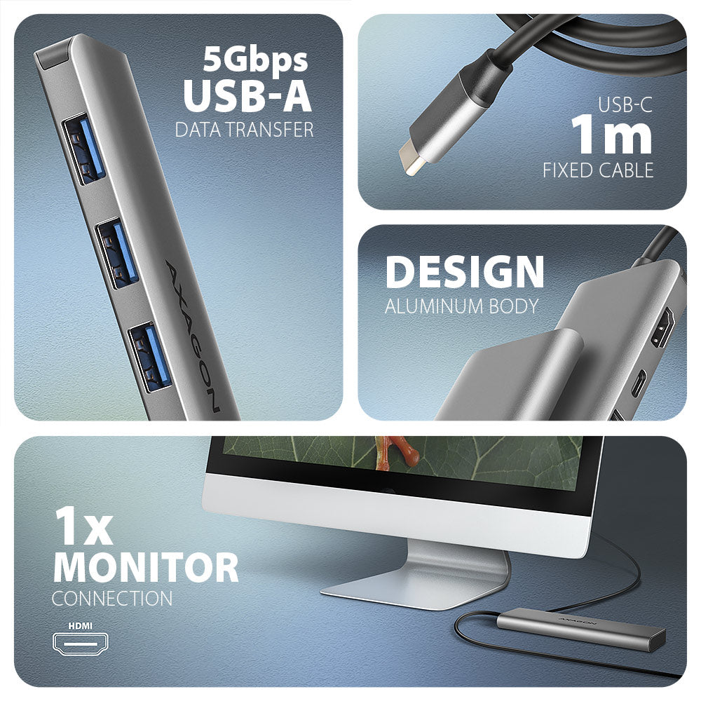 Axagon HMC-5H USB-C 3.2 Gen 1 hub 3x USB-A 4K HDMI PD 100W - Silber Alámbrico USB 3.2 Gen 1 (3.1 Gen 1) Type-C Plata (3)